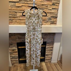 Mac Duggal Gold and White Embellished Midi Dress Size 2